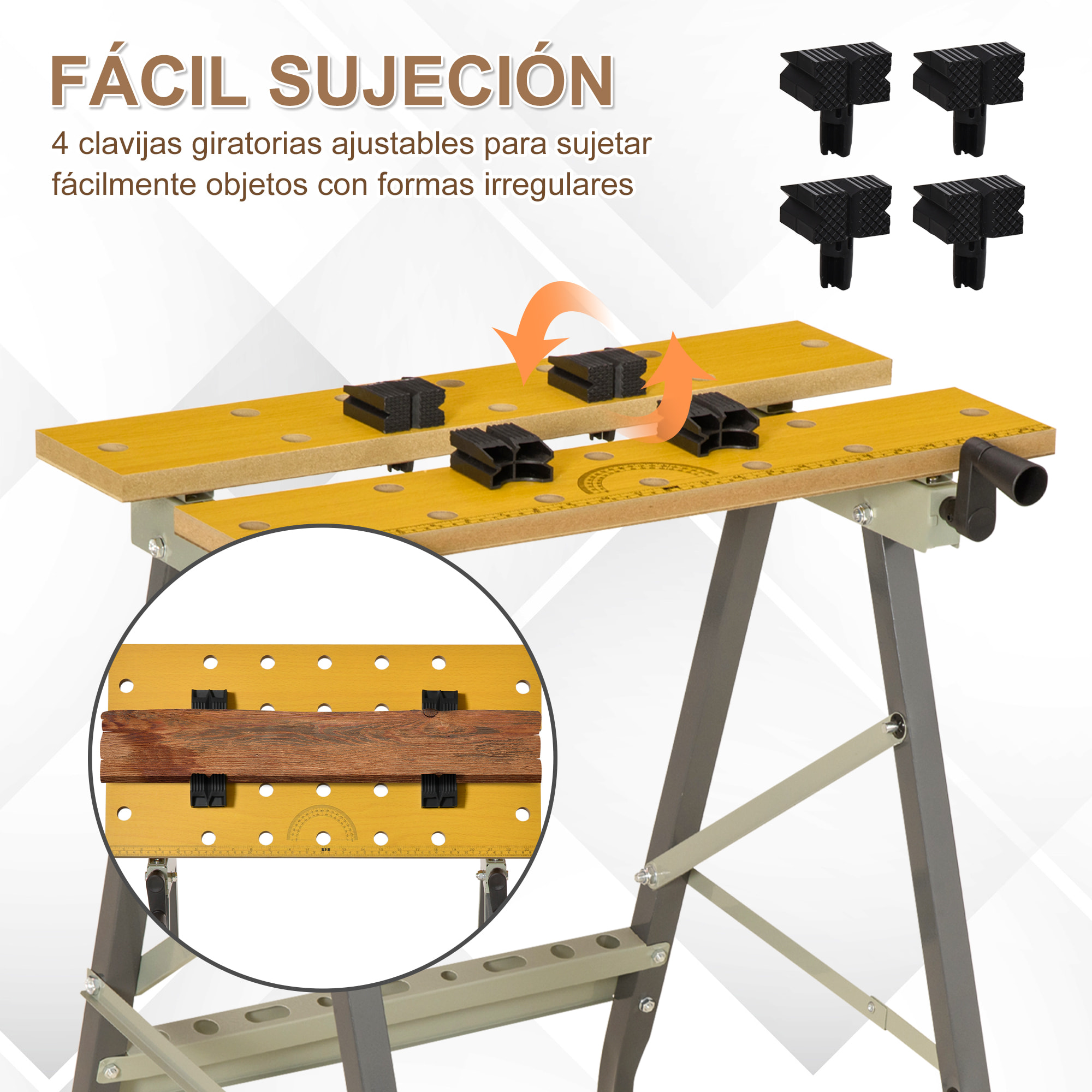 Banco de Trabajo Plegable, 4 en 1, Mesa de Trabajo con 4 Abrazaderas Ajustables, 2 Manivelas, 2 Paneles de MDF, para Garaje y Taller, Carga 100 kg, 62,5x60,5x78,5 cm, Natural y Gris