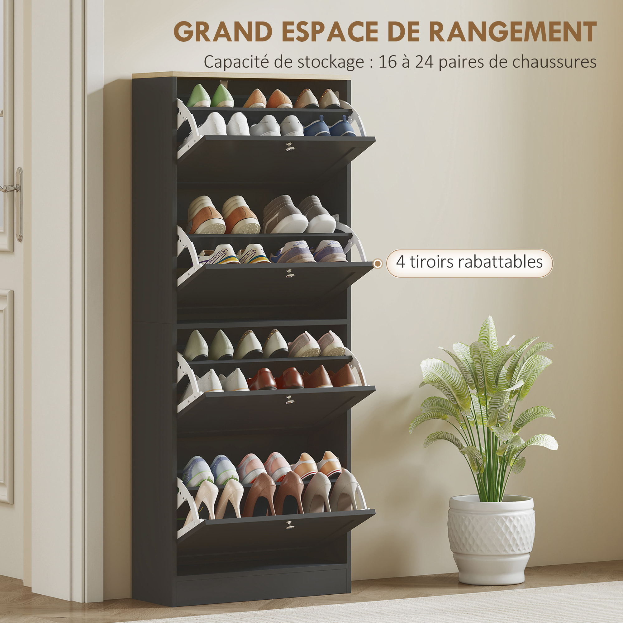 Meuble à chaussures 4 portes battantes style classique chic aspect bois clair noir