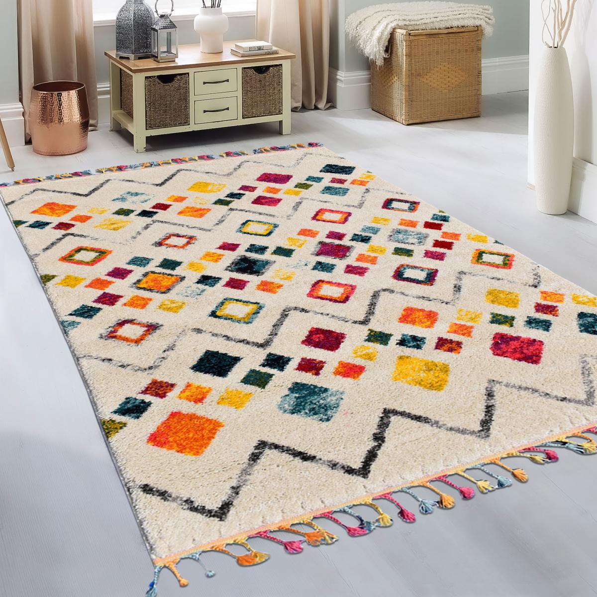 Tapis Pibo crème et multicolore motif traditionnel berbère