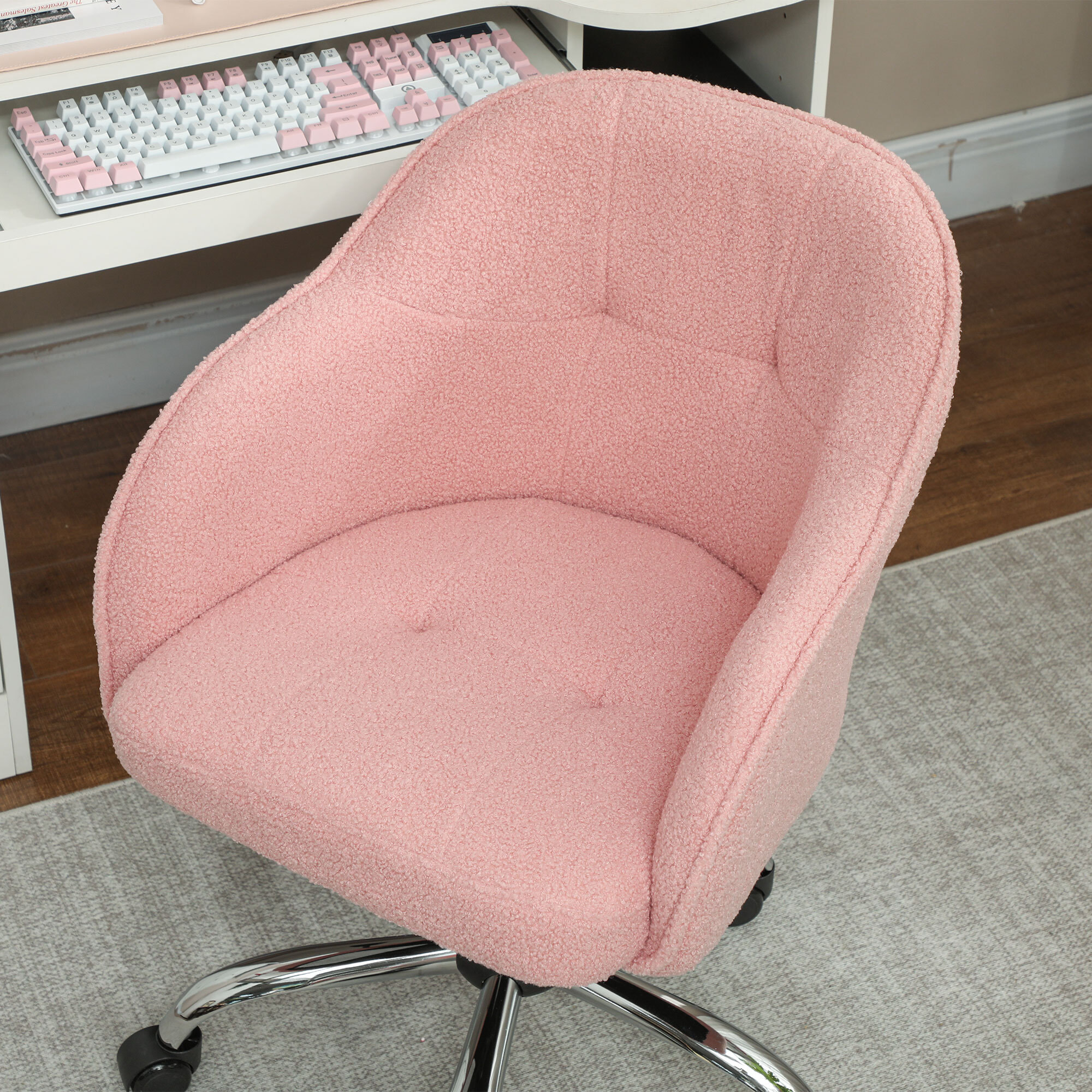 Chaise de bureau tissu bouclette design hauteur réglable pivotante piètement acier rose
