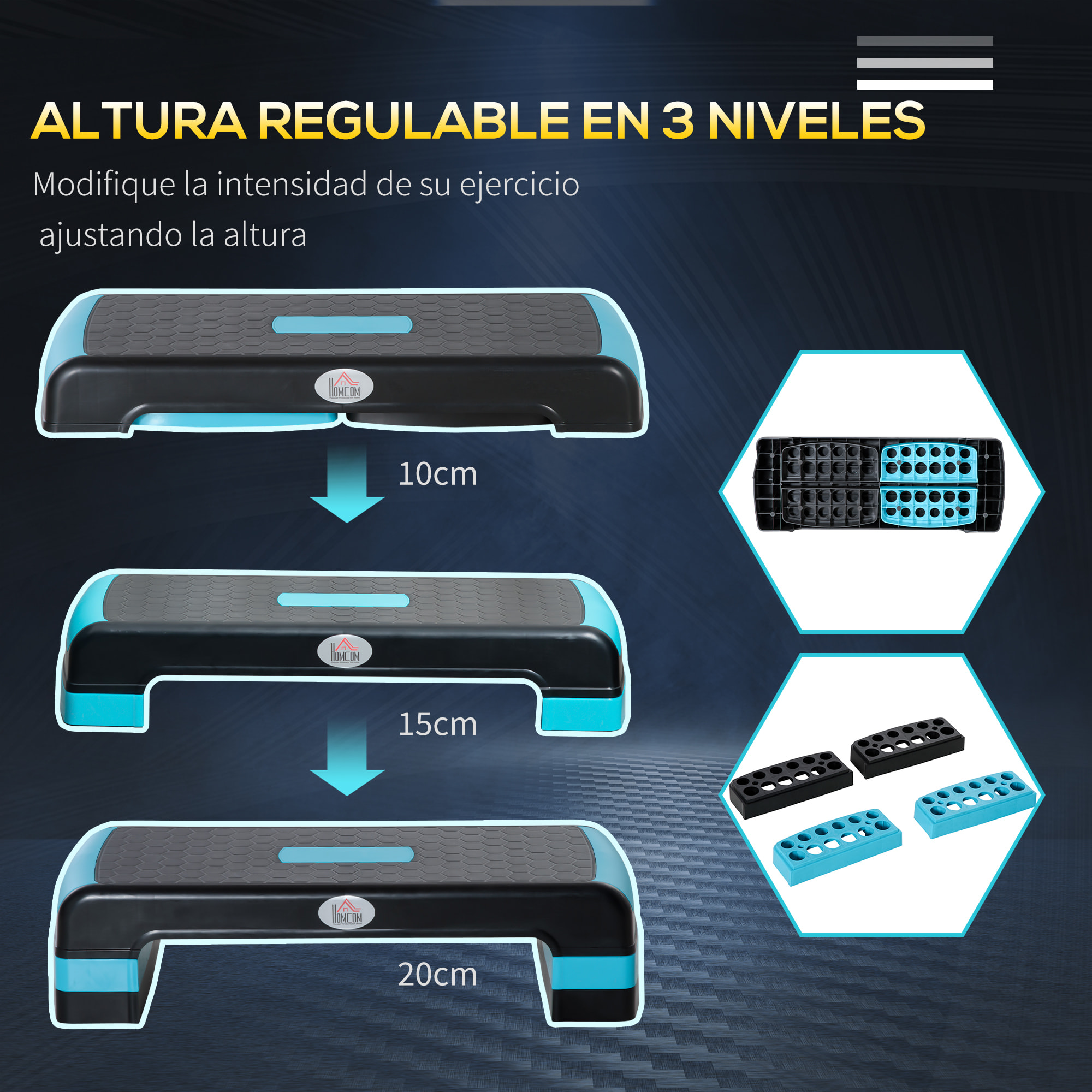 Step de Aeróbic Plataforma Step para Fitness Stepper Antideslizante con Altura Ajustable de 10/15/20 cm Tabla de Ejercicio en Casa Gimnasio Oficina Carga 150 kg 78x28x20 cm Azul y Negro