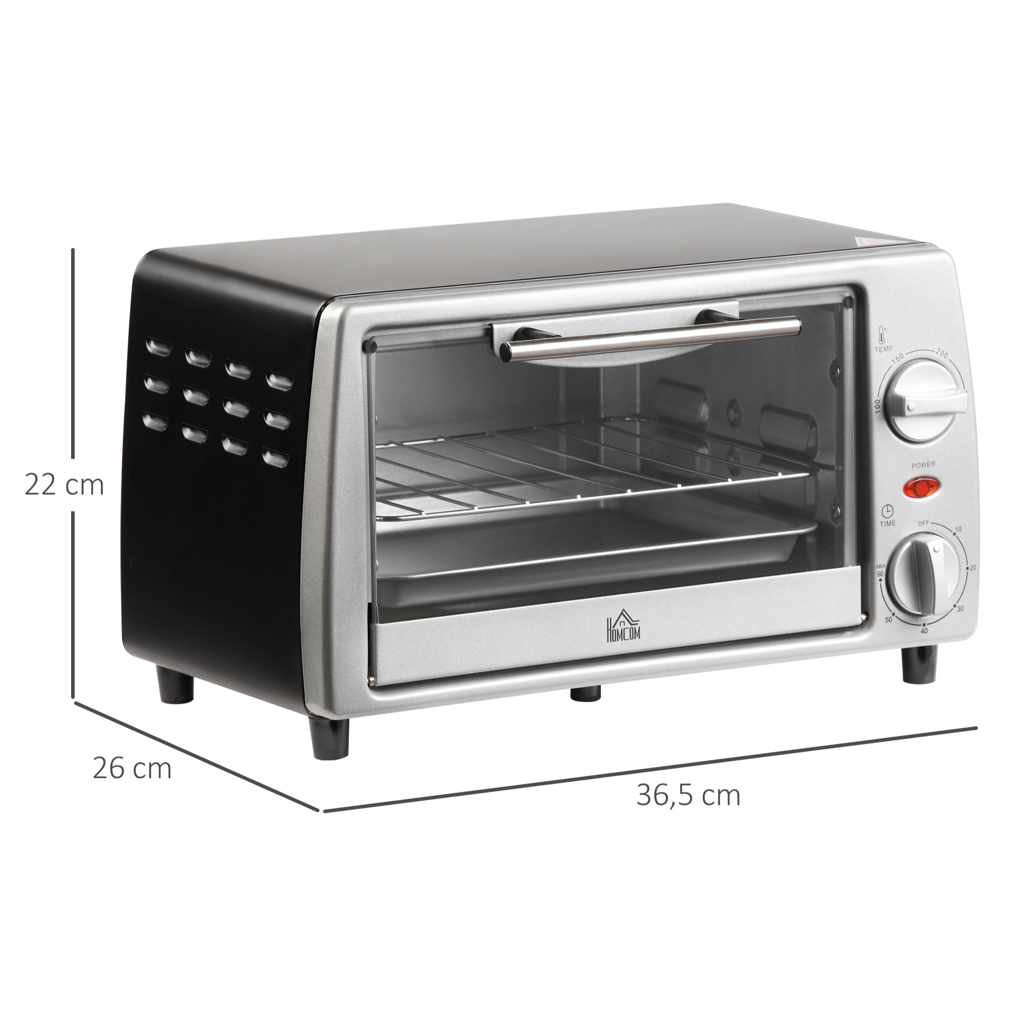 Horno Eléctrico Sobremesa 10 Litros 750W Horno Eléctrico Pequeño con Temperatura hasta 230 ℃ Temporizador 60 Minutos Bandeja y Rejilla 36,5x26x22 cm Plata