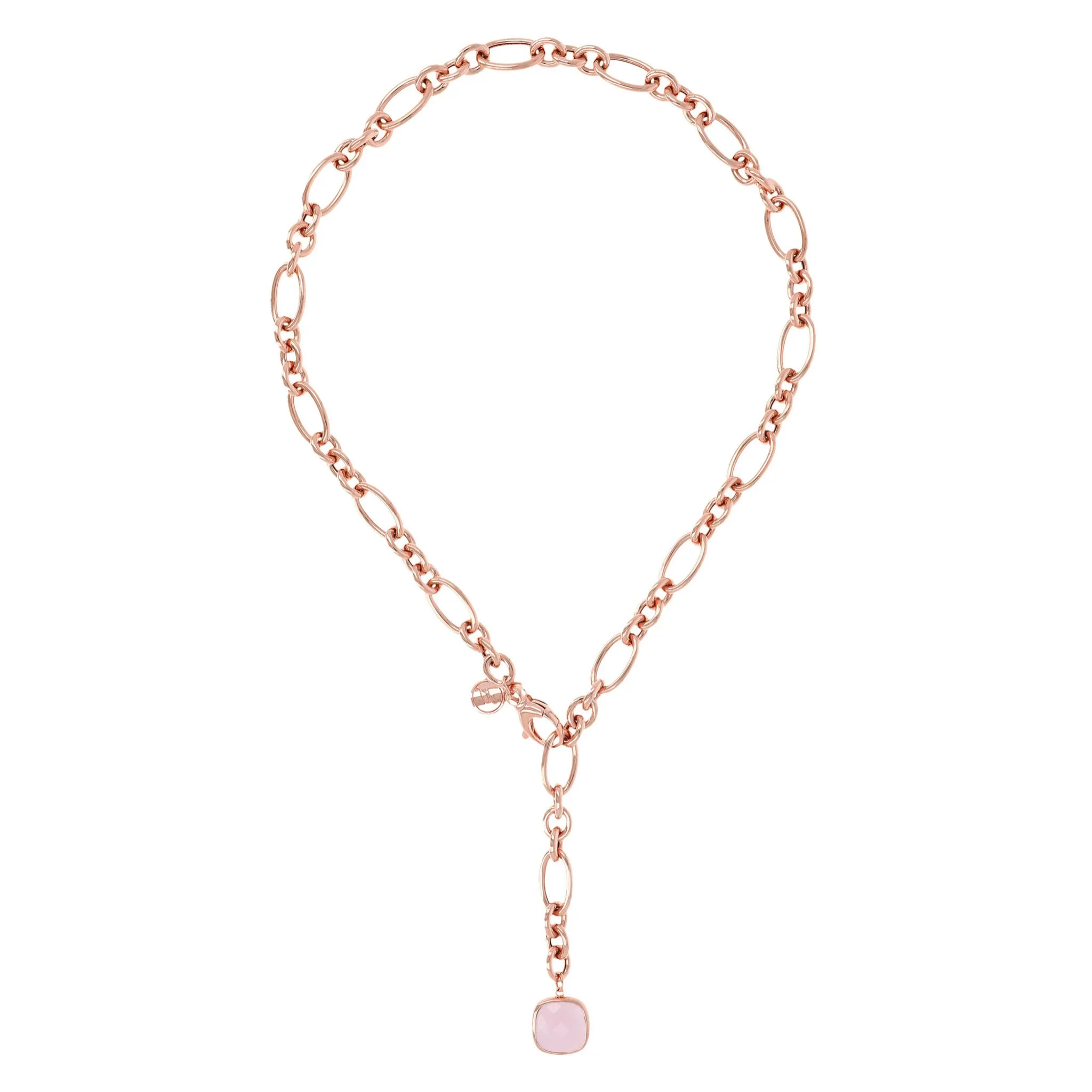 Collana a Cravatta Catena Ovale con Quarzo Rosa Quadrato