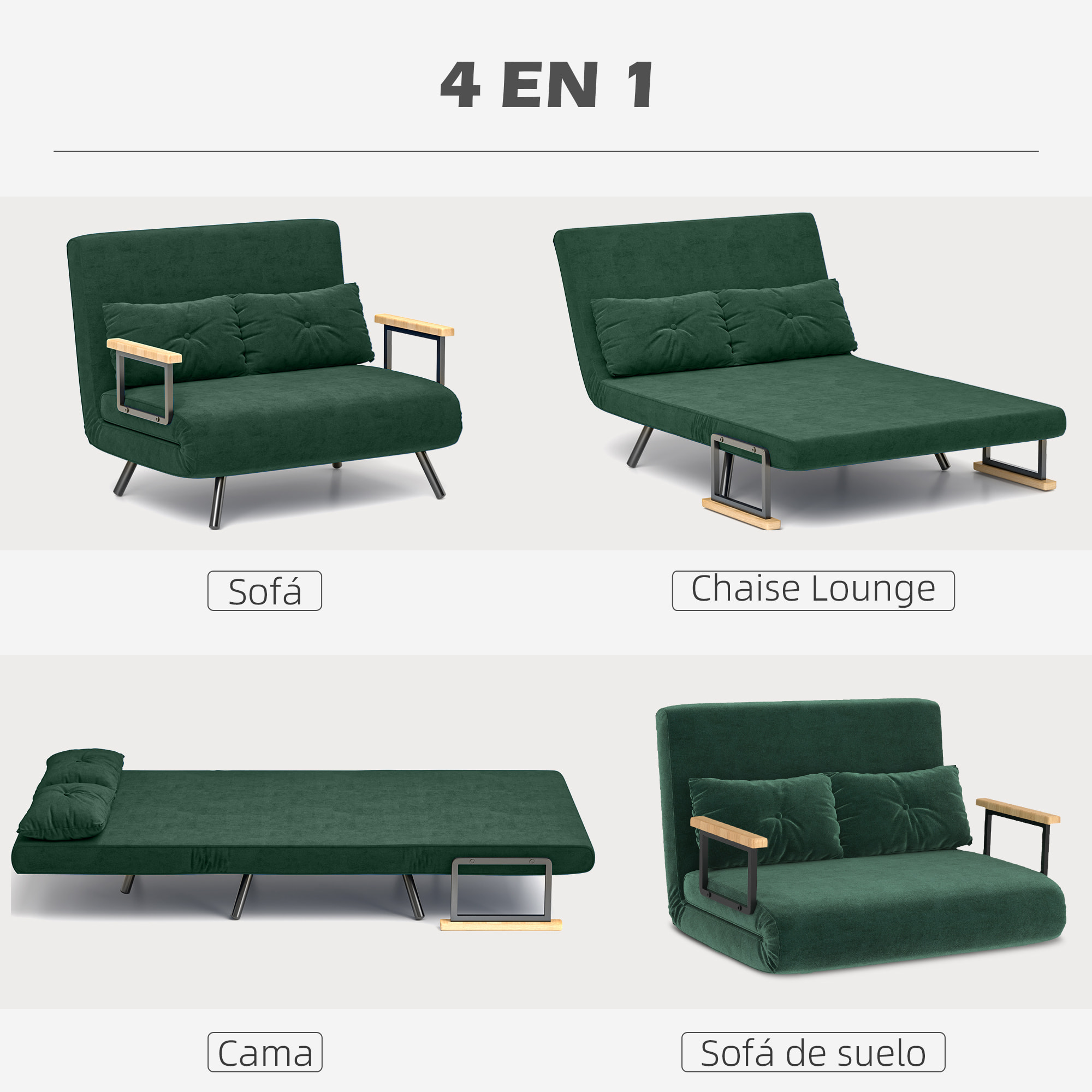 Sofá Cama de 2 Plazas Sofá Cama Plegable Tapizado en Terciopelo con Respaldo Ajustable de 5 Niveles y 2 Almohadas Acolchadas para Oficina Dormitorio Salón 102x73x81 cm Verde