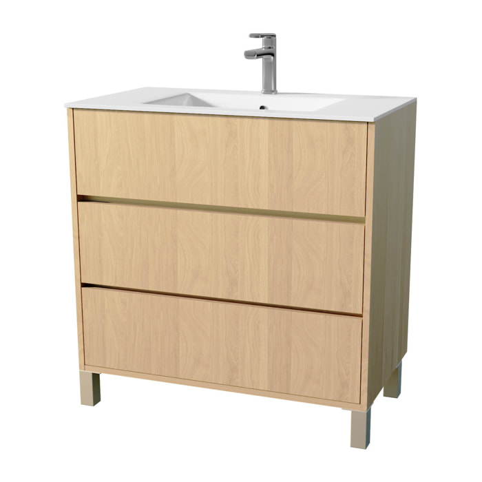 Pack Meuble Salle de Bains 80 cm Chêne Clair, 3 tiroirs avec Vasque Céramique - XENOS
