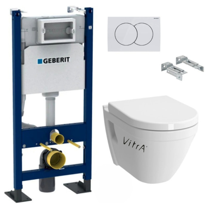 Pack WC suspendu complet Geberit Duofix autoportant, WC VitrA S50, abattant SoftClose, plaque blanche